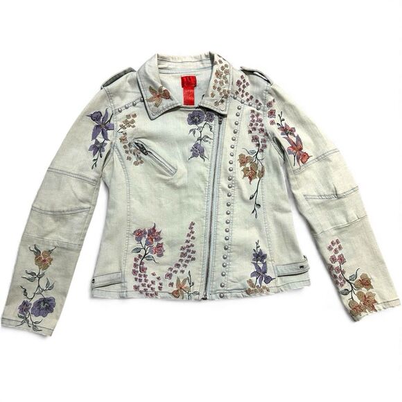 Women's Denim Jacket Size M Biker Embroidered Floral Y2K Boho Grunge Cowgirl VTG